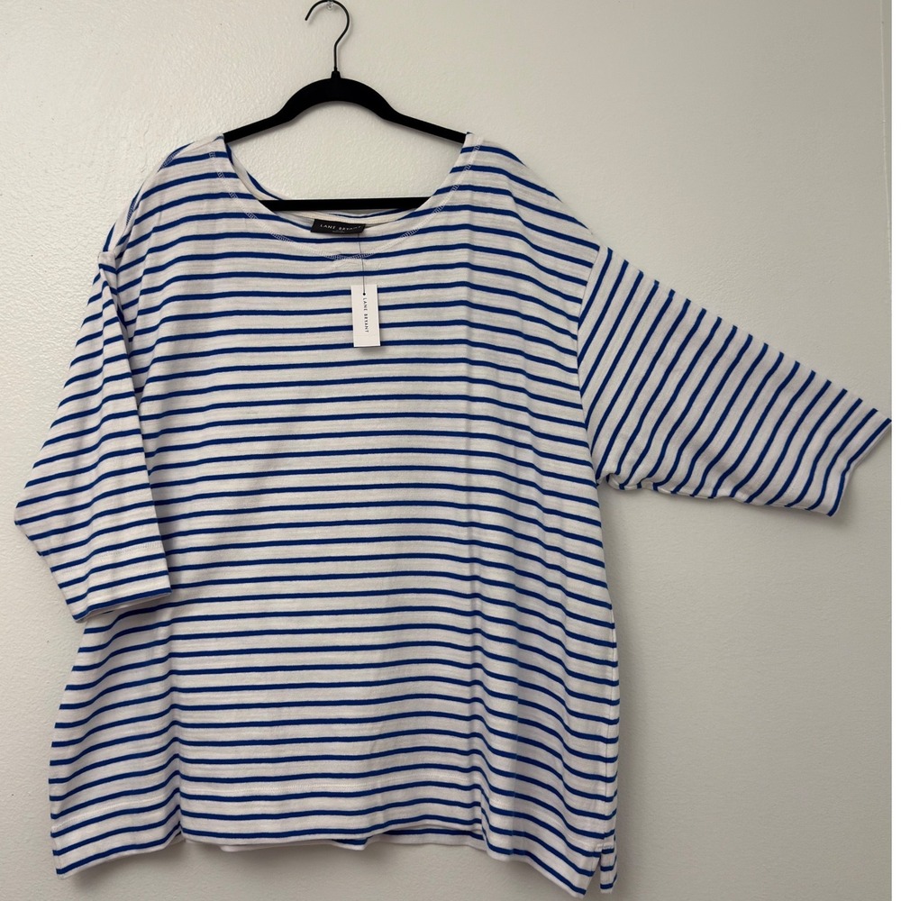 Lane Bryant Women 26/28 Blue White Striped Elbow Sleeve Scoop Neck T-Shirt NWT
